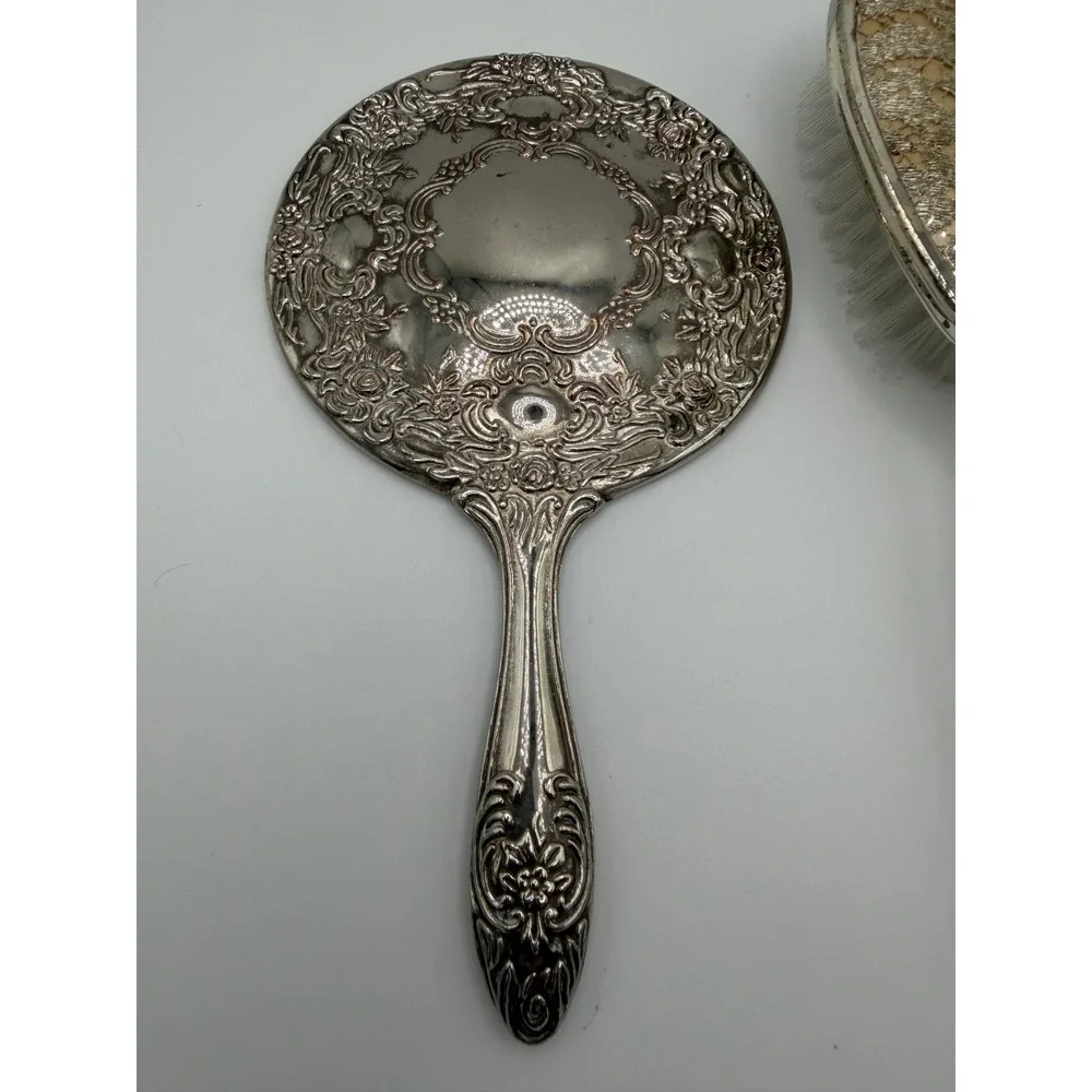 Vintage Silver Tone Repousse Hand Mirror and Brush Vanity Set Floral Lace Detail